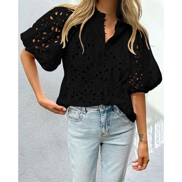 Women's Summer Blouses Cotton Short Sleeve V Neck Buttons Embroidered Casual - Picture 3 of 7